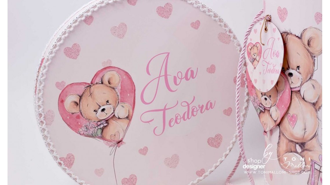 Trusou de botez cu ursuleti roz si inimioare Teddy Bear Pink Hearts 7